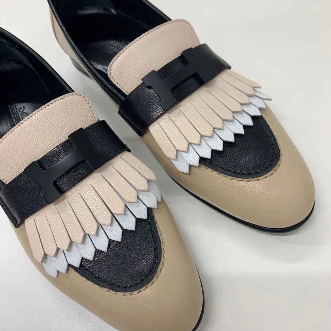 Hermes Royale Leather Hhardware Fringe Loafers Beige Black