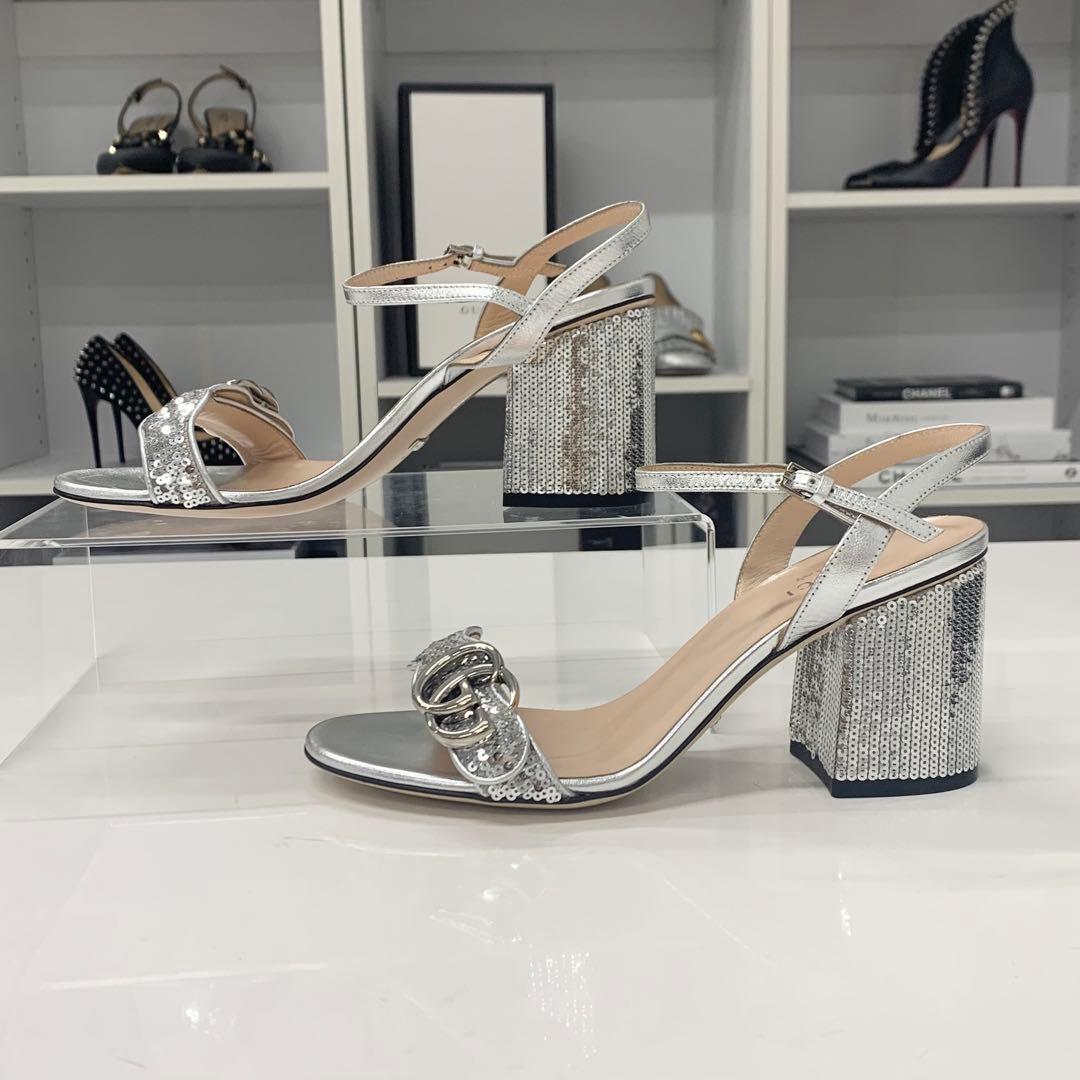 Gucci GG Marmont Leather Sequin Strap Sandals Silver — view 2