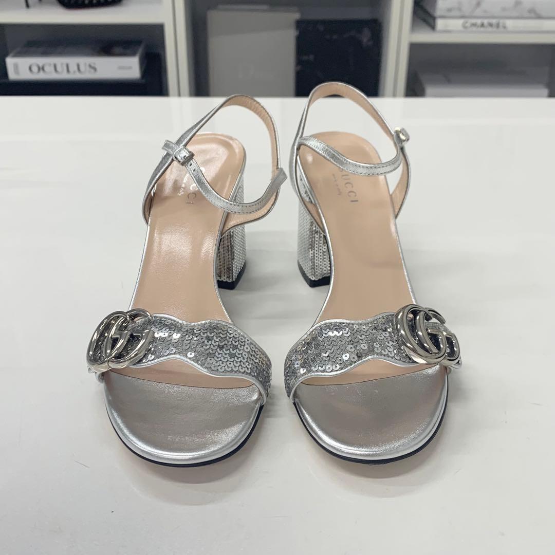 Gucci GG Marmont Leather Sequin Strap Sandals Silver — view 4