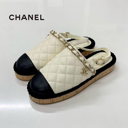 Chanel CC Logo Quilted Chain Leather Cork Sandals