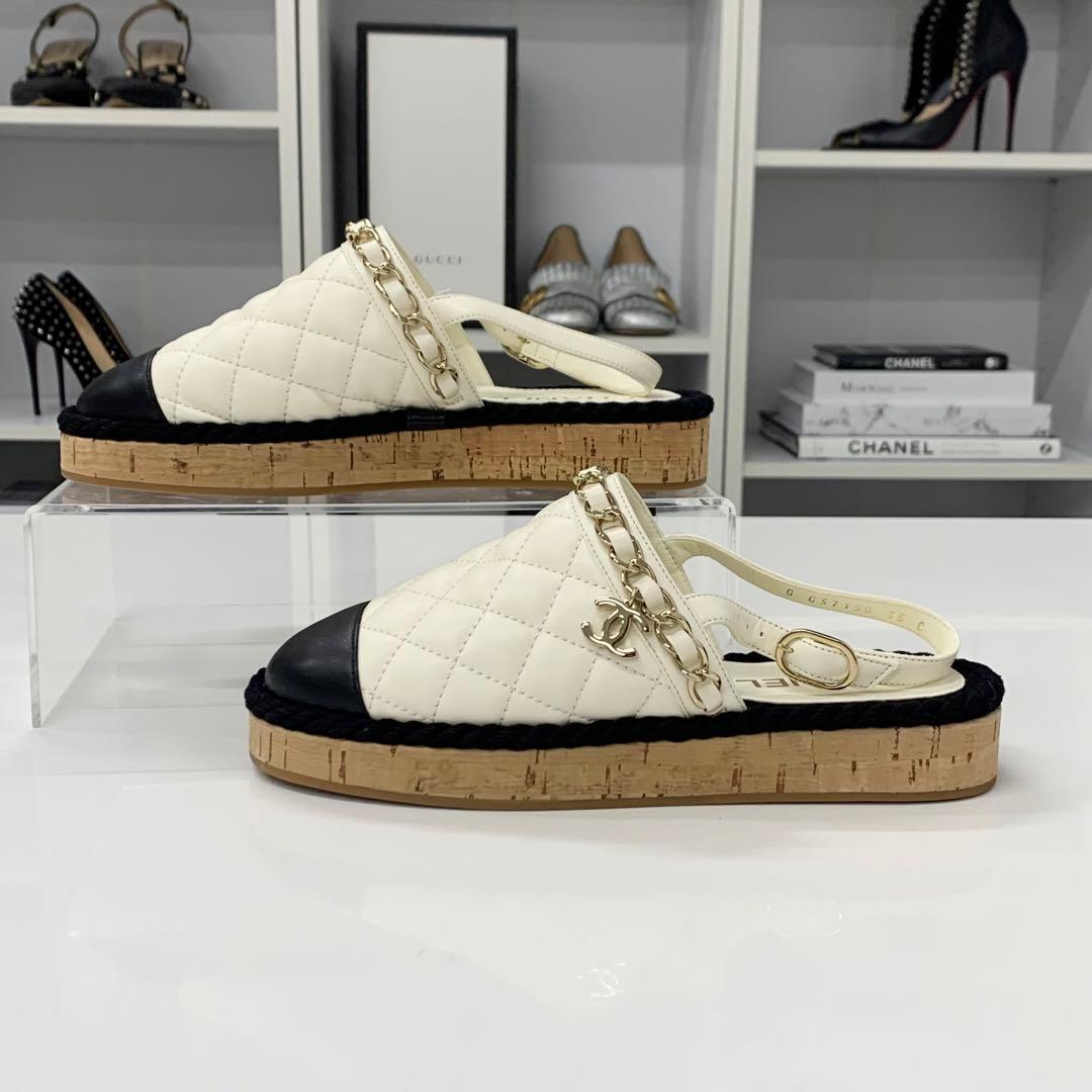 Chanel CC Logo Quilted Chain Leather Cork Sandals — view 3