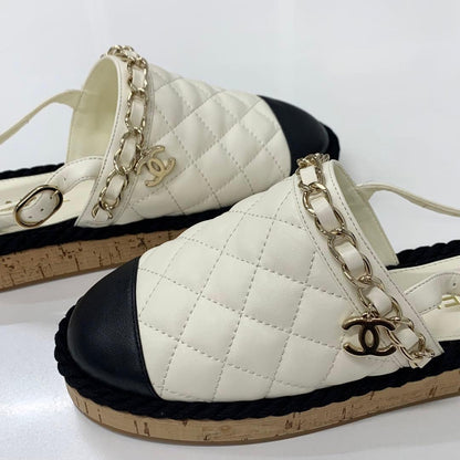 Chanel CC Logo Quilted Chain Leather Cork Sandals — view 9