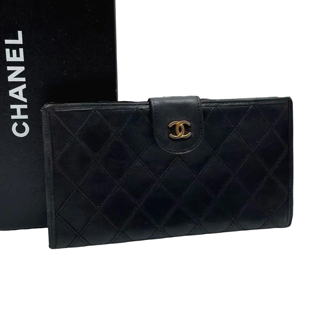 Chanel Quilted Lambskin Wallet Leather CC Logo Black Gold