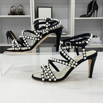 Chanel Leather CC Logo Pearl Quilted Strap Sandals Black