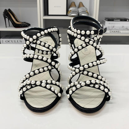 Chanel Leather CC Logo Pearl Quilted Strap Sandals Black