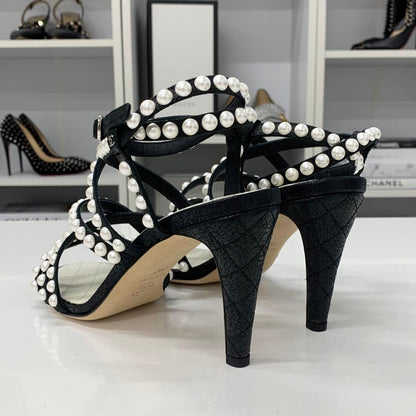 Chanel Leather CC Logo Pearl Quilted Strap Sandals Black