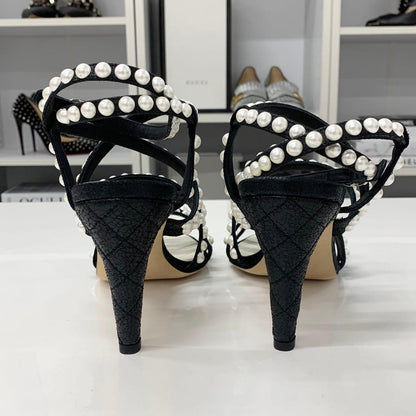 Chanel Leather CC Logo Pearl Quilted Strap Sandals Black