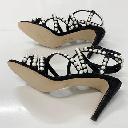 Chanel Leather CC Logo Pearl Quilted Strap Sandals Black