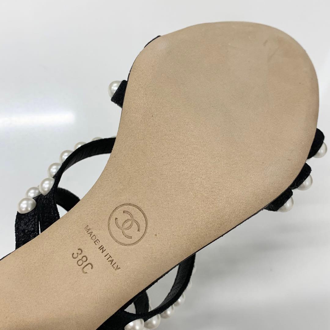 Chanel Leather CC Logo Pearl Quilted Strap Sandals Black