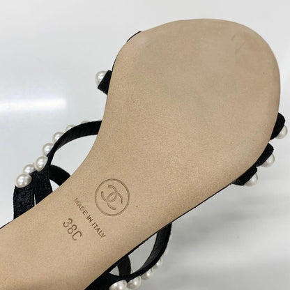 Chanel Leather CC Logo Pearl Quilted Strap Sandals Black