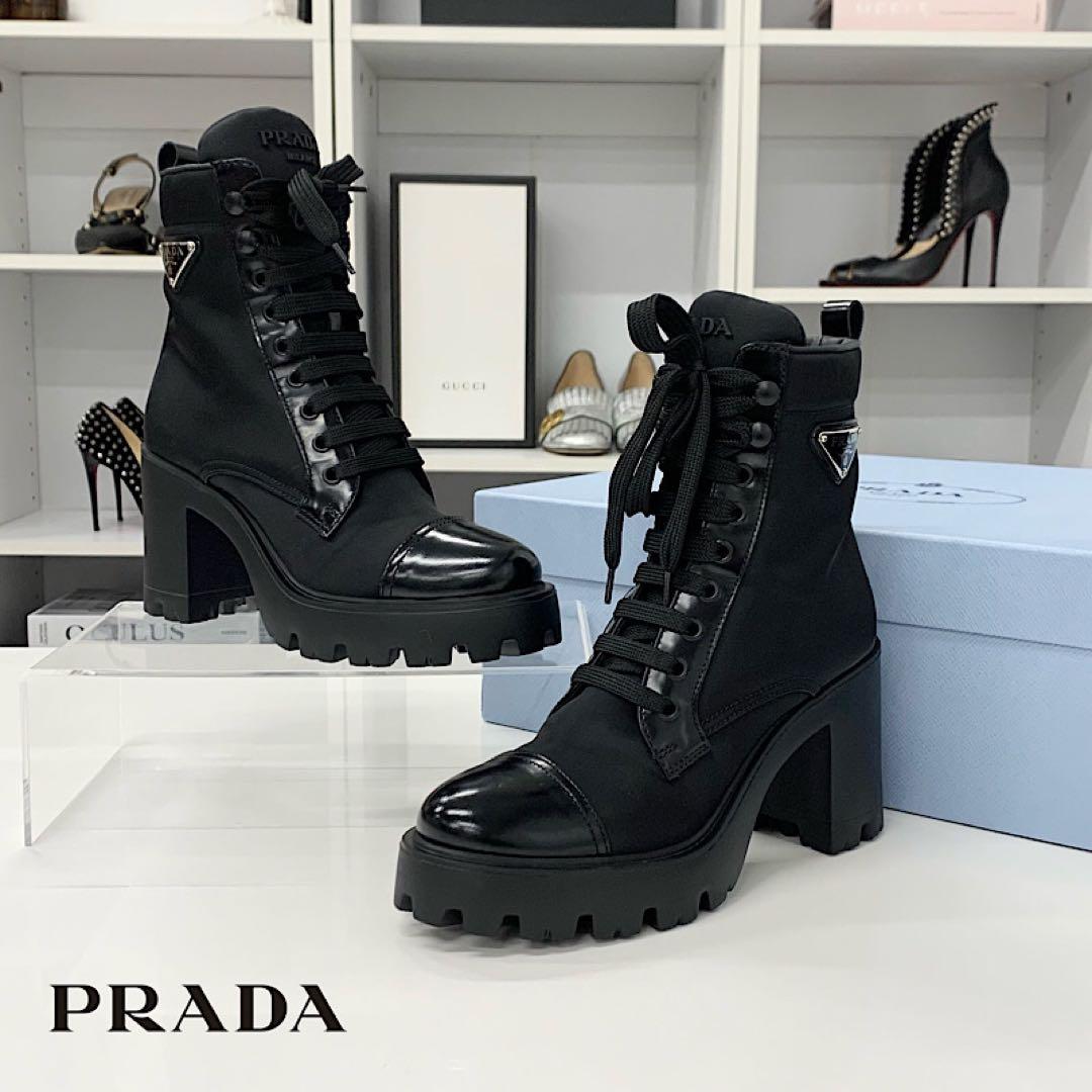 Prada Triangle Logo Nylon Leather Lace Up Short Boots