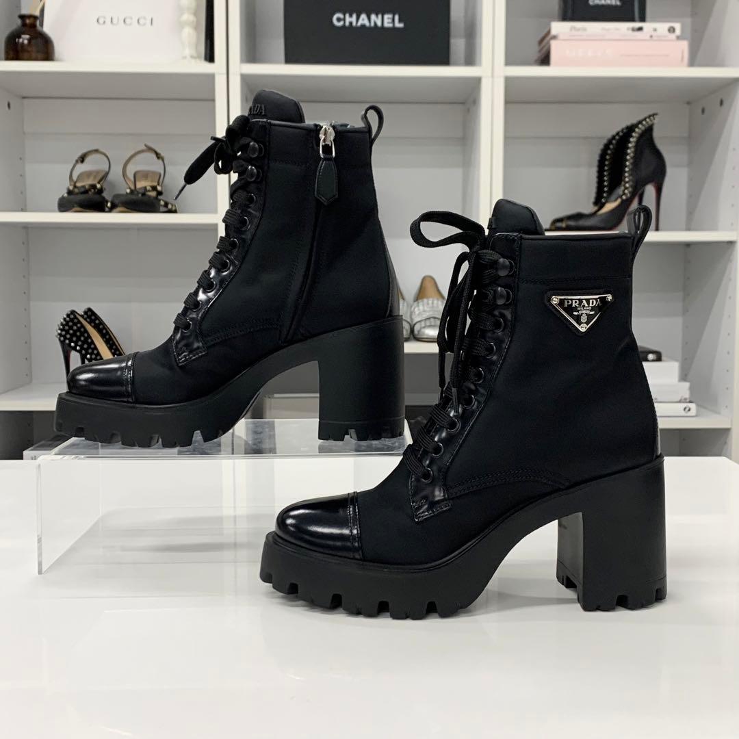 Prada Triangle Logo Nylon Leather Lace Up Short Boots — view 2