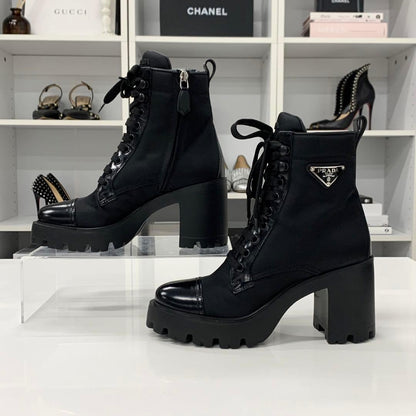 Prada Triangle Logo Nylon Leather Lace Up Short Boots — view 2