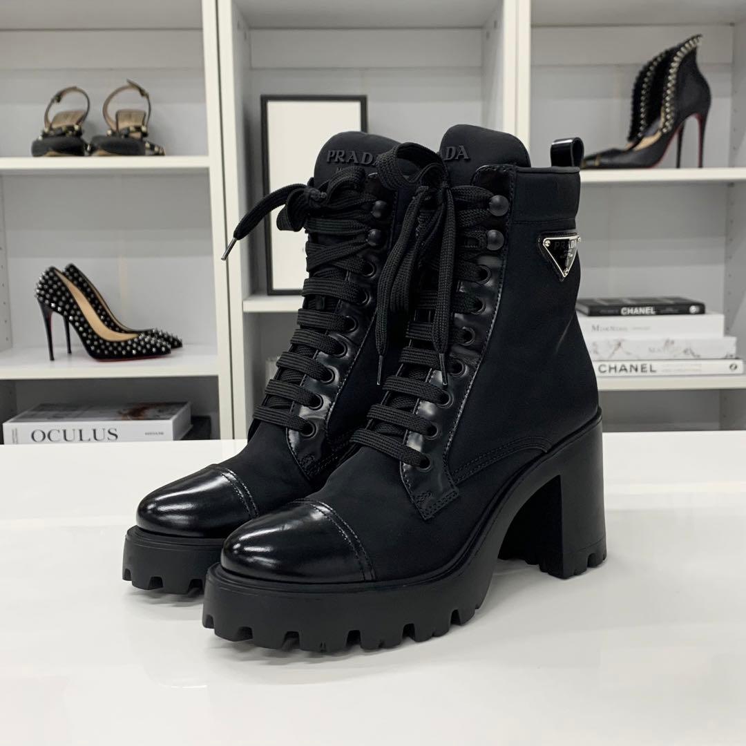 Prada Triangle Logo Nylon Leather Lace Up Short Boots — view 3