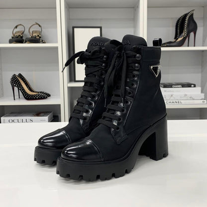 Prada Triangle Logo Nylon Leather Lace Up Short Boots — view 3