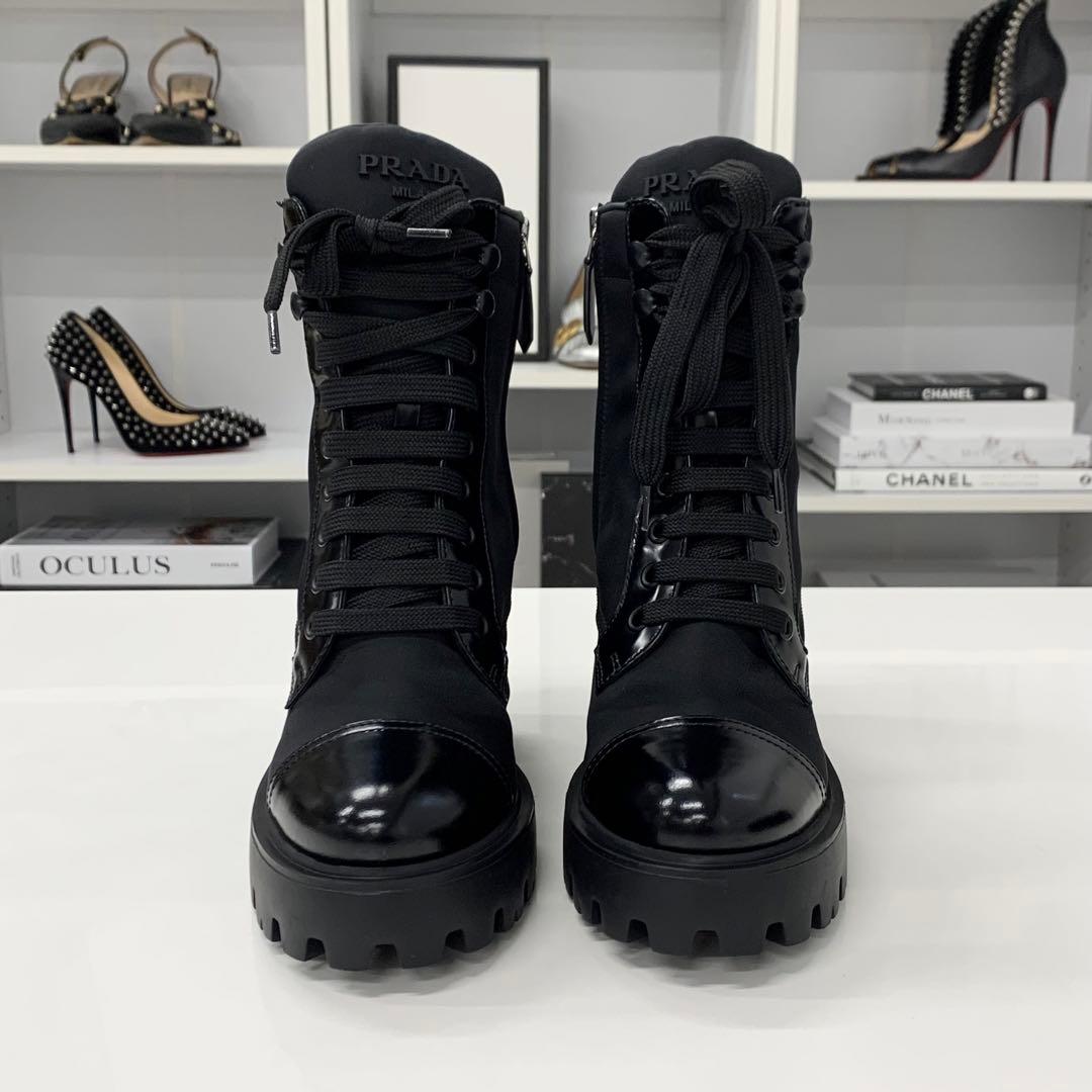 Prada Triangle Logo Nylon Leather Lace Up Short Boots — view 4