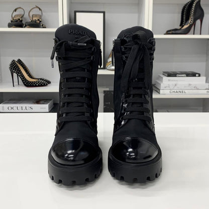 Prada Triangle Logo Nylon Leather Lace Up Short Boots — view 4