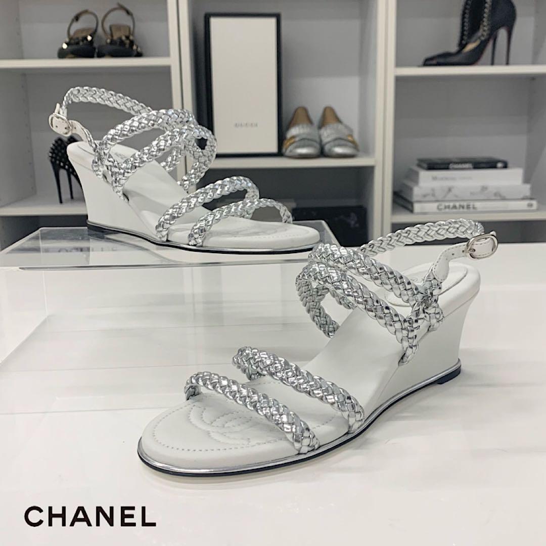 Chanel CC Logo Braided Leather Wedge Sole Sandals Silver