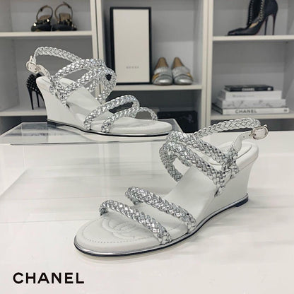 Chanel CC Logo Braided Leather Wedge Sole Sandals Silver
