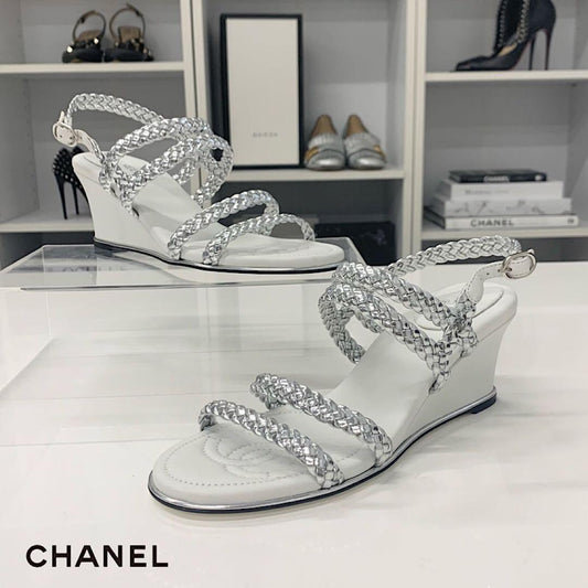 Chanel CC Logo Braided Leather Wedge Sole Sandals Silver