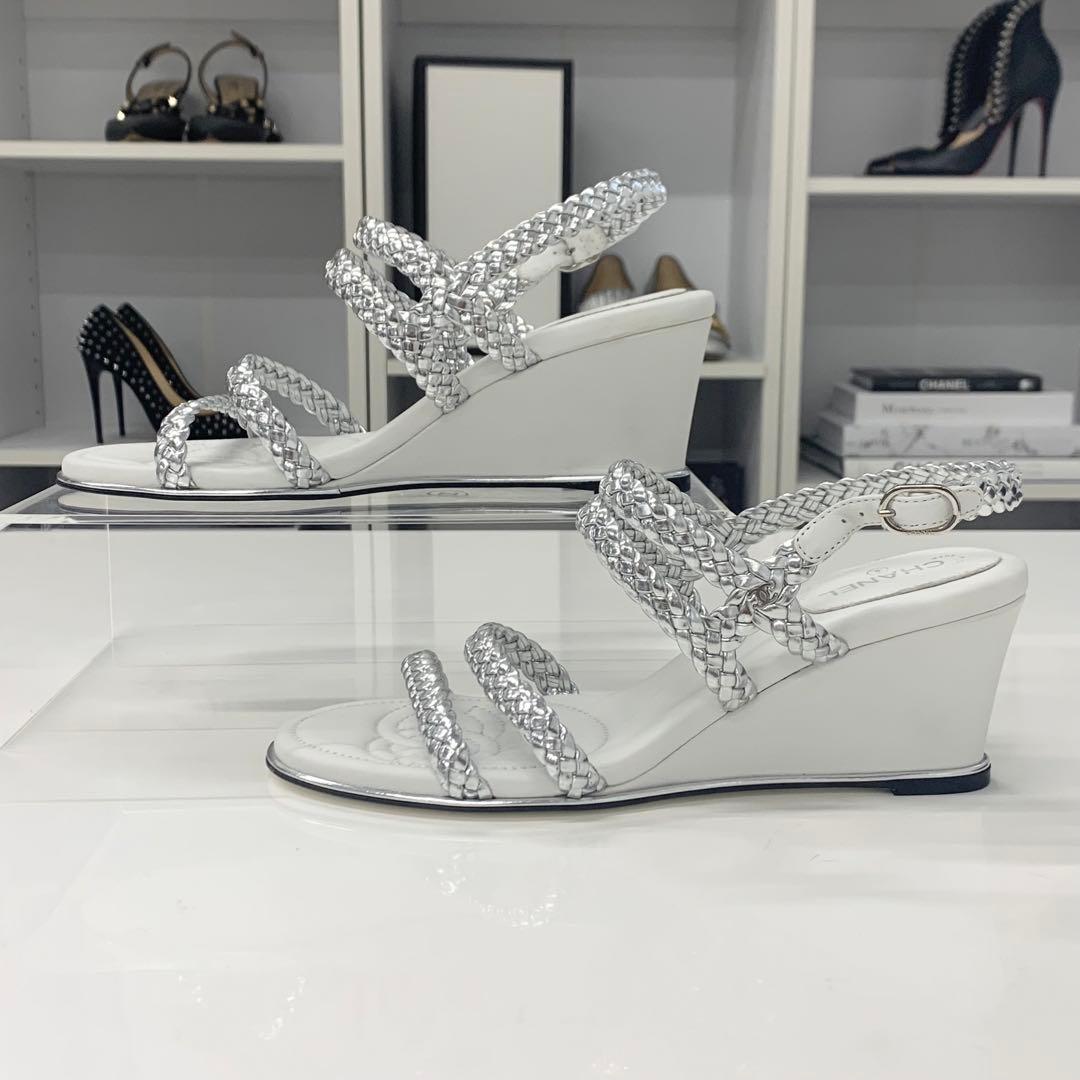 Chanel CC Logo Braided Leather Wedge Sole Sandals Silver — view 2