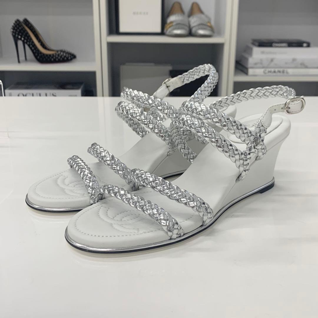 Chanel CC Logo Braided Leather Wedge Sole Sandals Silver — view 3