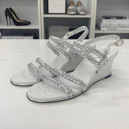 Chanel CC Logo Braided Leather Wedge Sole Sandals Silver — view 3