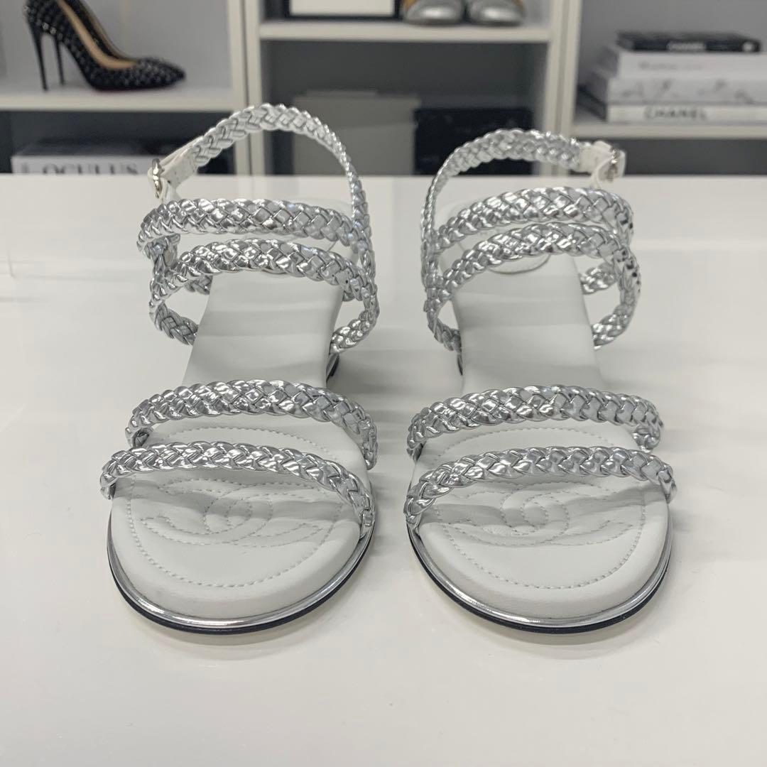 Chanel CC Logo Braided Leather Wedge Sole Sandals Silver — view 4