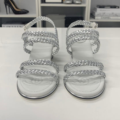 Chanel CC Logo Braided Leather Wedge Sole Sandals Silver — view 4