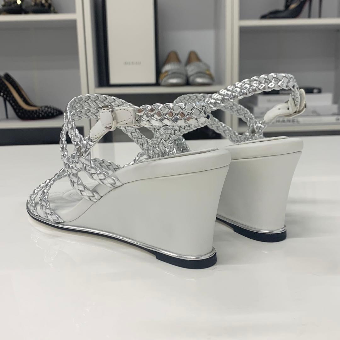 Chanel CC Logo Braided Leather Wedge Sole Sandals Silver — view 5