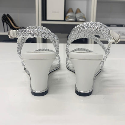 Chanel CC Logo Braided Leather Wedge Sole Sandals Silver — view 6