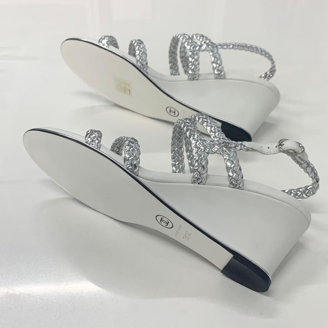 Chanel CC Logo Braided Leather Wedge Sole Sandals Silver — view 7