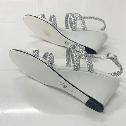 Chanel CC Logo Braided Leather Wedge Sole Sandals Silver — view 7