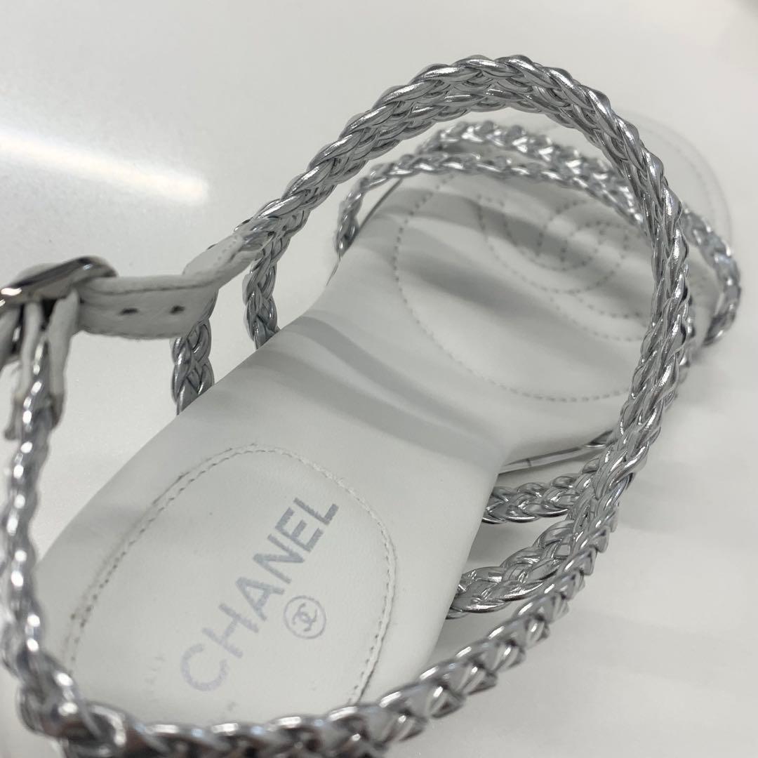 Chanel CC Logo Braided Leather Wedge Sole Sandals Silver — view 8