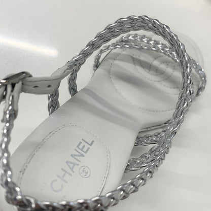 Chanel CC Logo Braided Leather Wedge Sole Sandals Silver — view 8