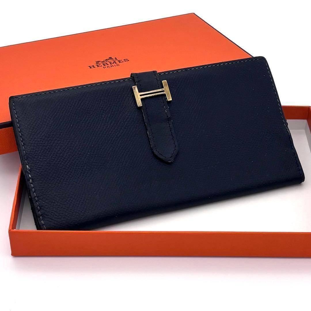Hermes Bearn Classic Bifold Wallet Navy Leather Epsom