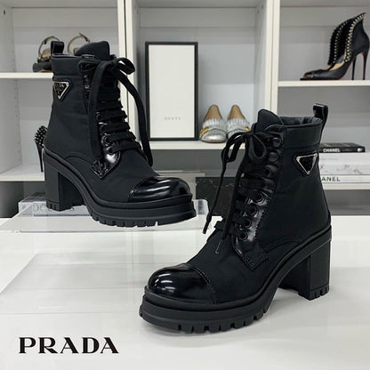 Prada Re-Nylon Leather Triangle Logo Boots Black