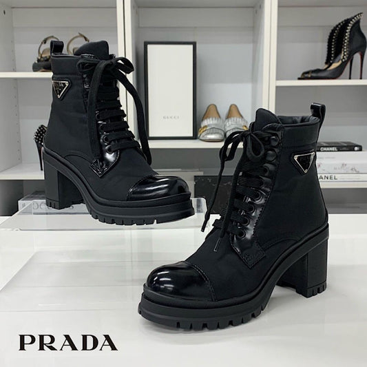 Prada Re-Nylon Leather Triangle Logo Boots Black