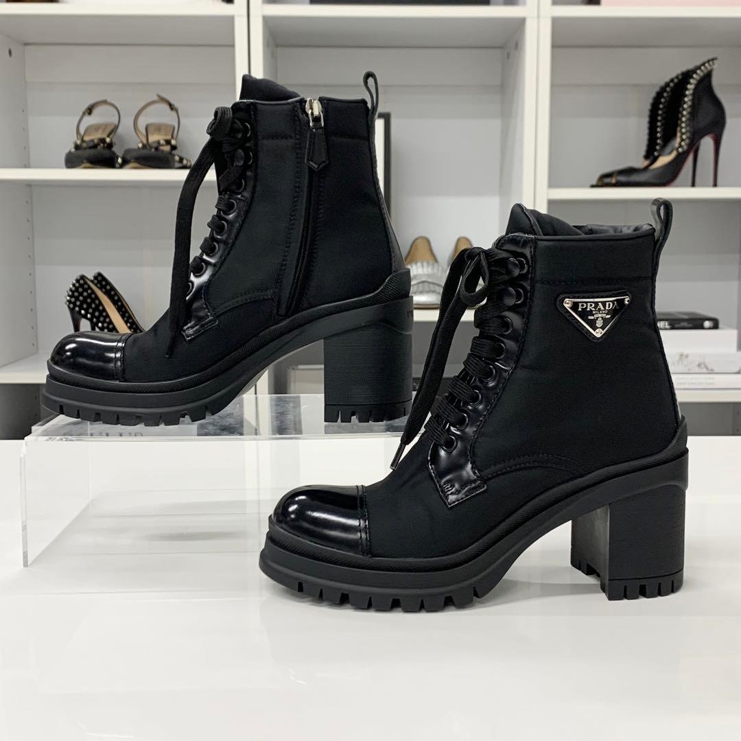 Prada Re-Nylon Leather Triangle Logo Boots Black — view 2
