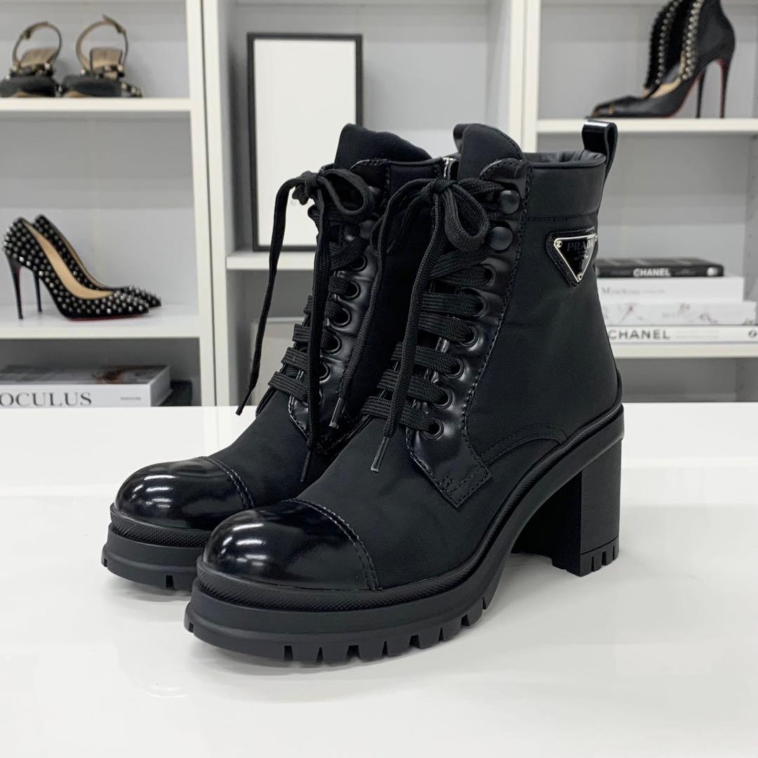 Prada Re-Nylon Leather Triangle Logo Boots Black — view 3