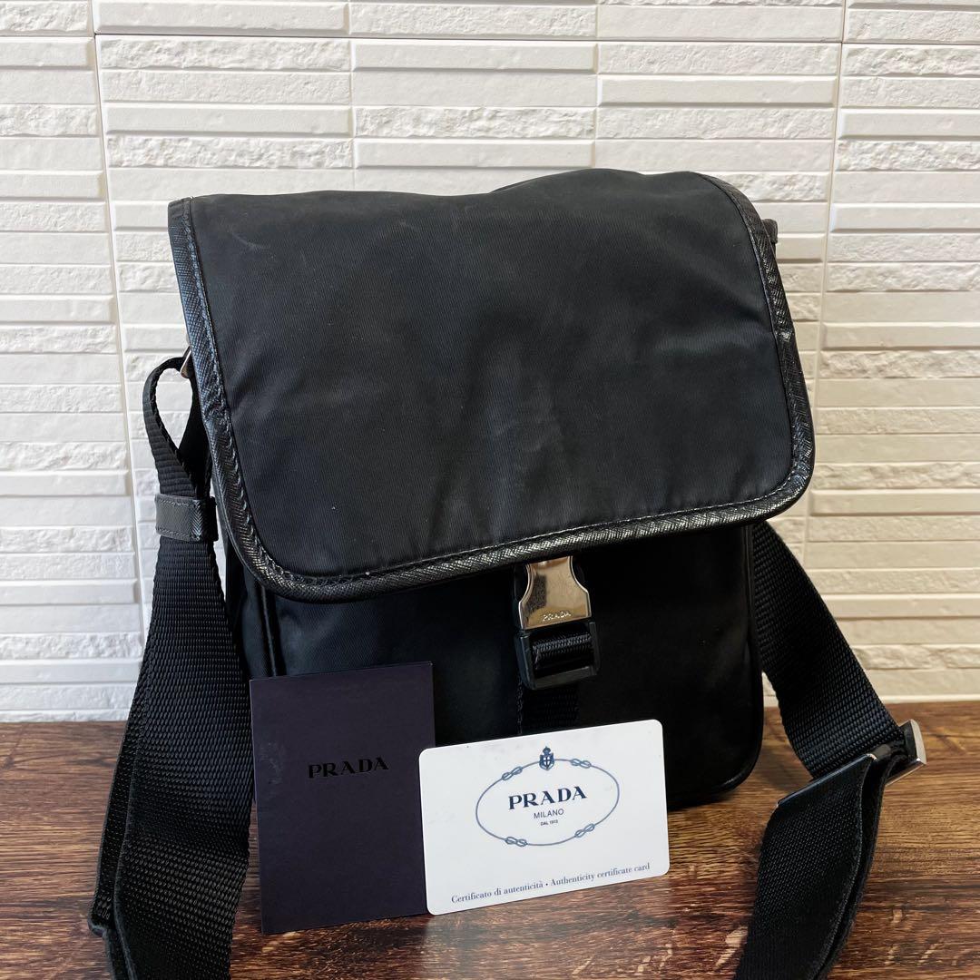 Prada Nylon Leather Triangle Plate Logo Shoulder Bag Black