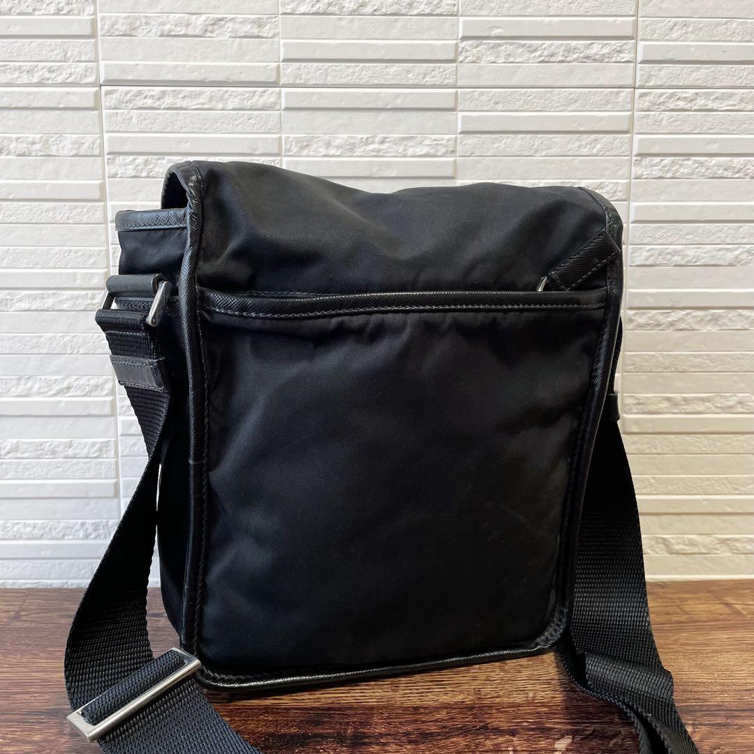 Prada Nylon Leather Triangle Plate Logo Shoulder Bag Black — view 2