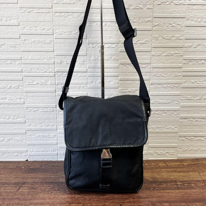 Prada Nylon Leather Triangle Plate Logo Shoulder Bag Black — view 3