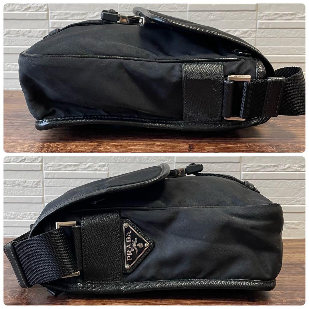 Prada Nylon Leather Triangle Plate Logo Shoulder Bag Black — view 4
