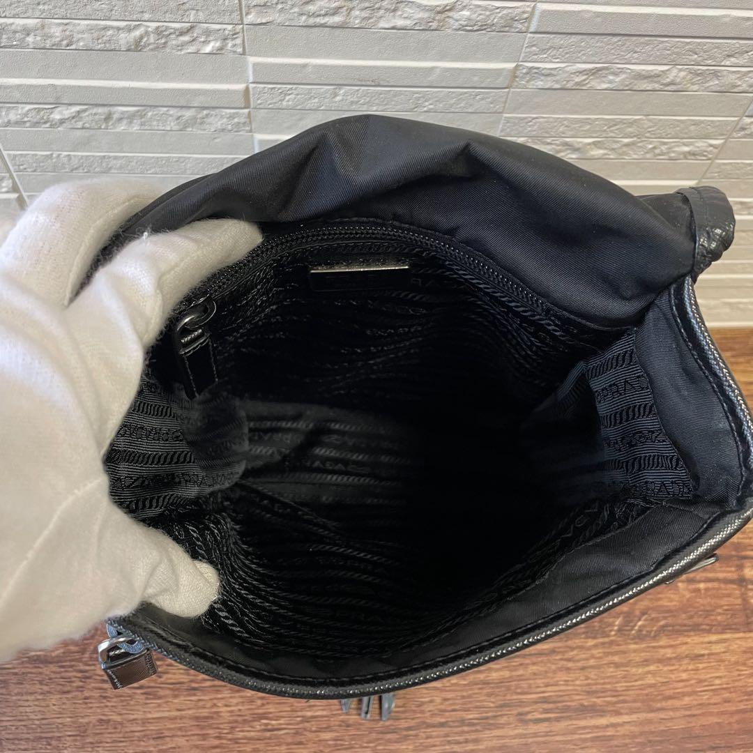 Prada Nylon Leather Triangle Plate Logo Shoulder Bag Black — view 7