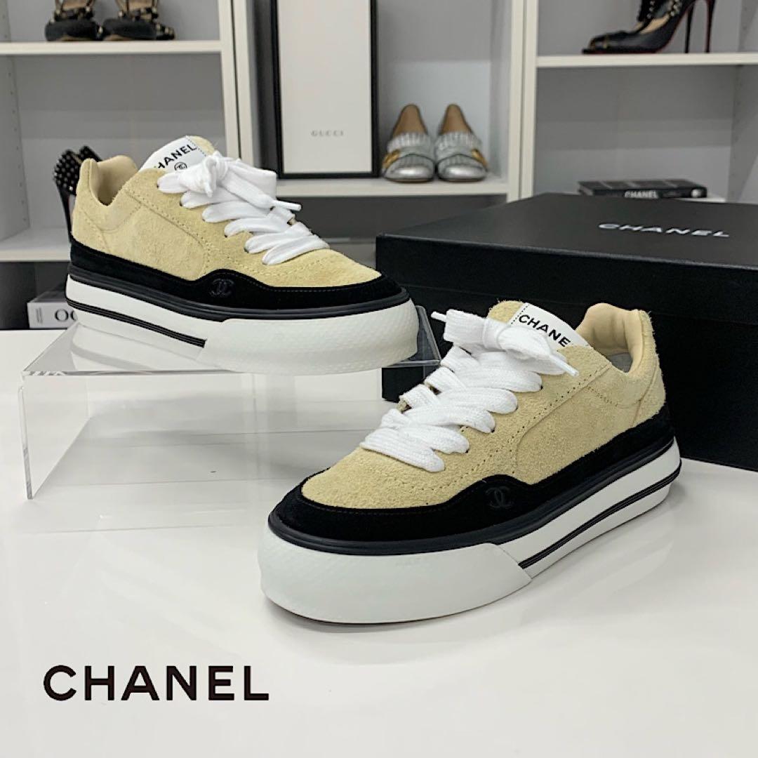 Chanel CC Logo Suede Sneakers Beige
