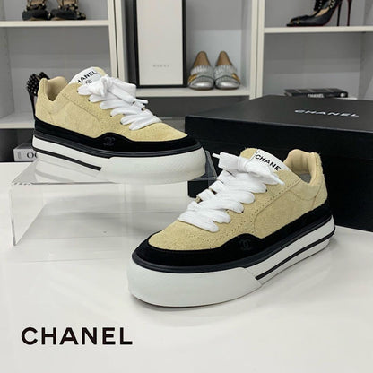 Chanel CC Logo Suede Sneakers Beige