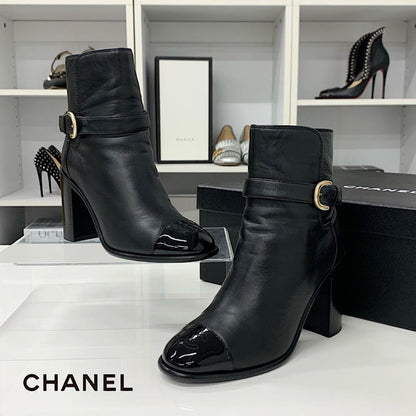 Chanel CC Logo Belt Leather Patent Short Boots Black