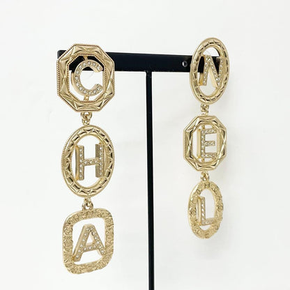 Chanel Earrings CC Logo Line Stone Gold
