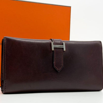 Hermes Bearn Classic Box Calf Purple Bifold Wallet Leather